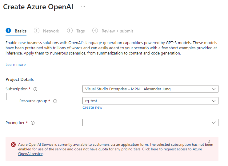 Azure OpenAI: Service erstellen liefert Fehler